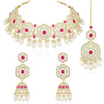 Cz faux ruby & beads studded necklace earrings & maangtikka set 1