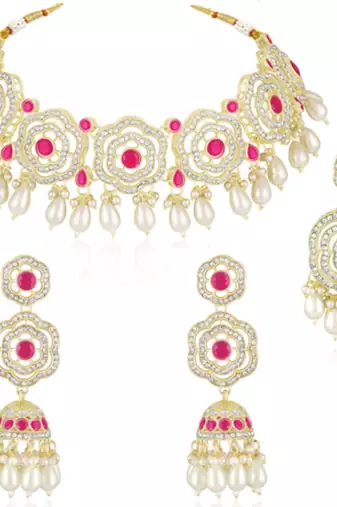 Cz faux ruby & beads studded necklace earrings & maangtikka set