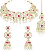 Cz faux ruby & beads studded necklace earrings & maangtikka set