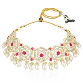 Cz faux ruby & beads studded necklace earrings & maangtikka set 2