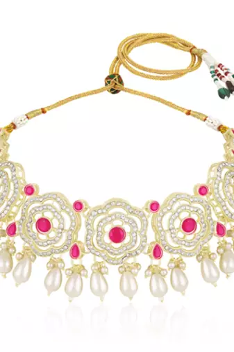 Cz faux ruby & beads studded necklace earrings & maangtikka set