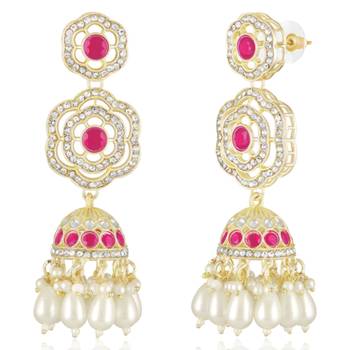 Cz faux ruby & beads studded necklace earrings & maangtikka set 3