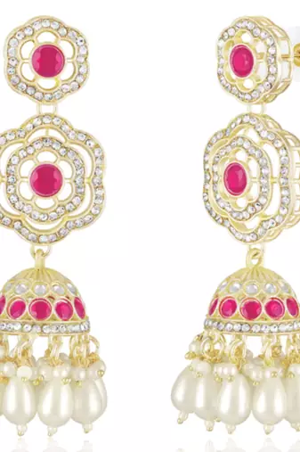 Cz faux ruby & beads studded necklace earrings & maangtikka set