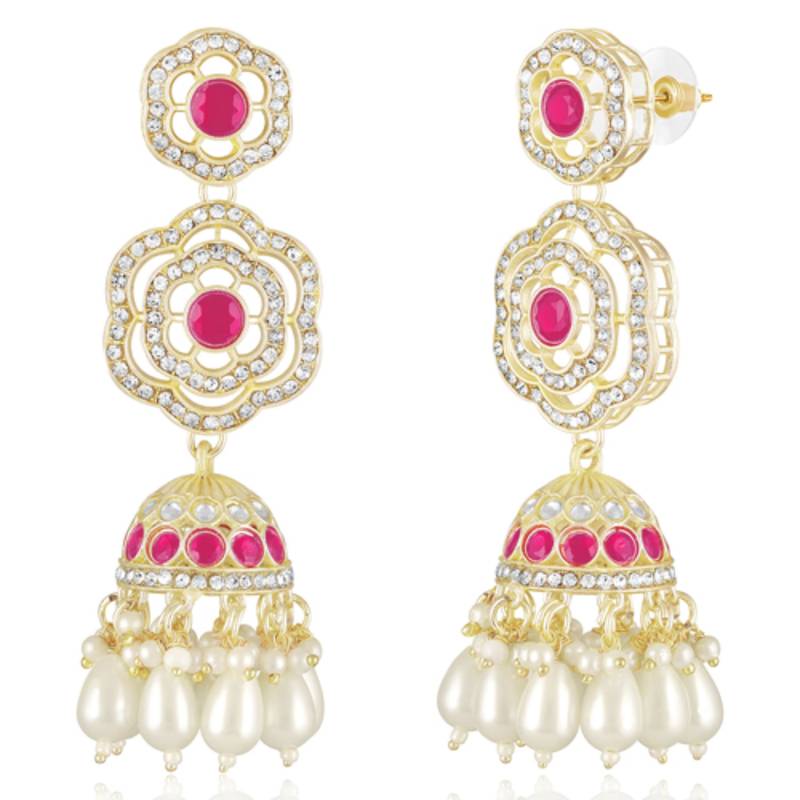 Cz faux ruby & beads studded necklace earrings & maangtikka set