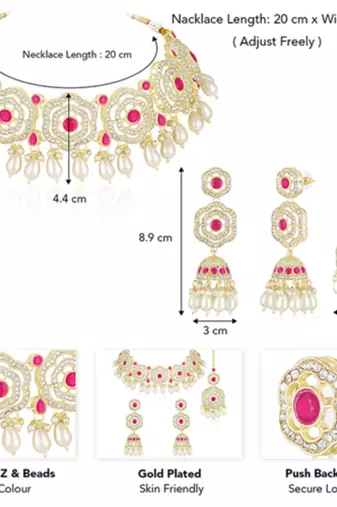 Cz faux ruby & beads studded necklace earrings & maangtikka set