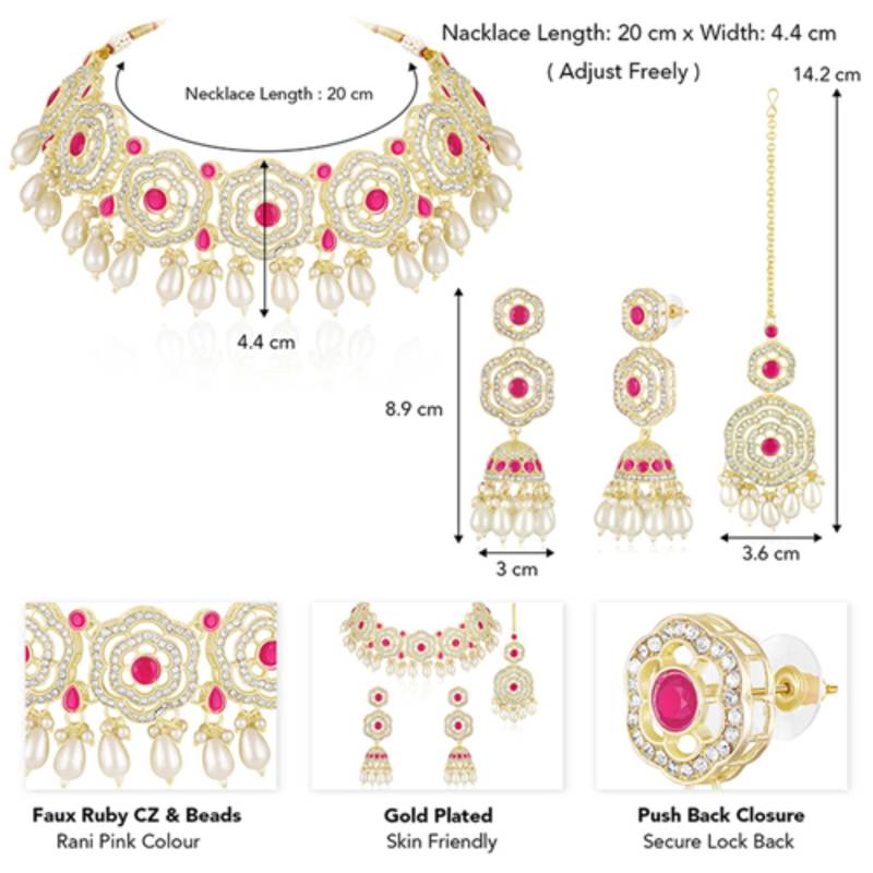 Cz faux ruby & beads studded necklace earrings & maangtikka set