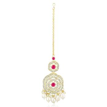 Cz faux ruby & beads studded necklace earrings & maangtikka set 5