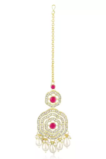 Cz faux ruby & beads studded necklace earrings & maangtikka set