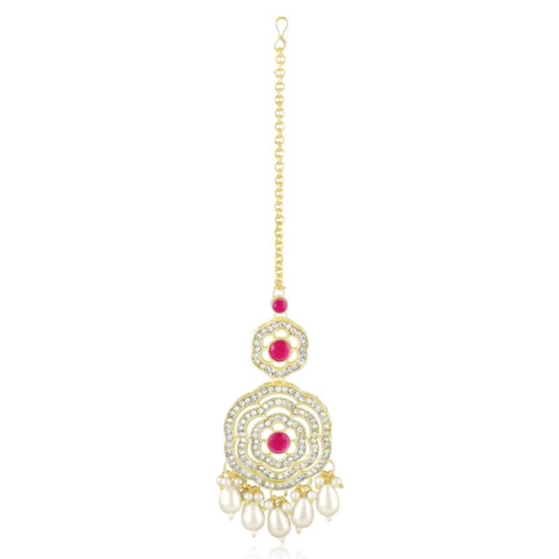 Cz faux ruby & beads studded necklace earrings & maangtikka set