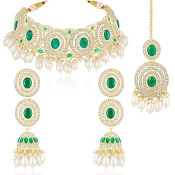 Faux emerald cz & beads studded necklace earrings & maangtikka set 1