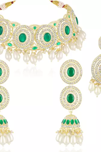 Faux emerald cz & beads studded necklace earrings & maangtikka set