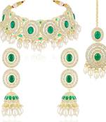 Faux emerald cz & beads studded necklace earrings & maangtikka set