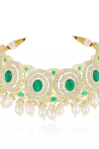 Faux emerald cz & beads studded necklace earrings & maangtikka set