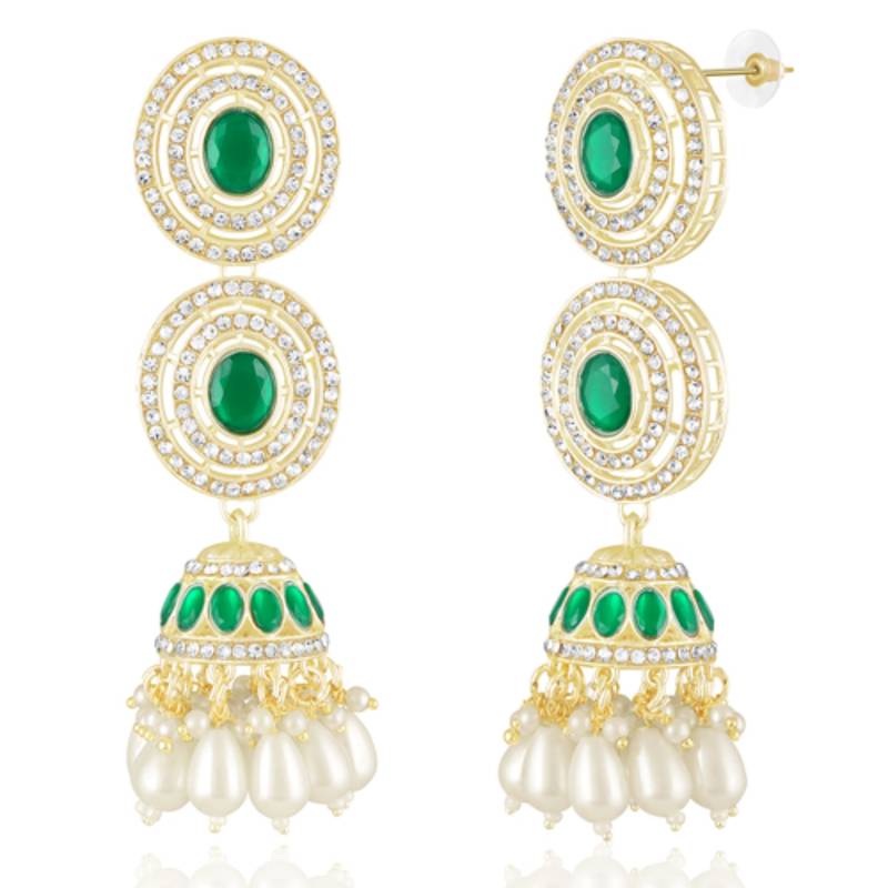 Faux emerald cz & beads studded necklace earrings & maangtikka set