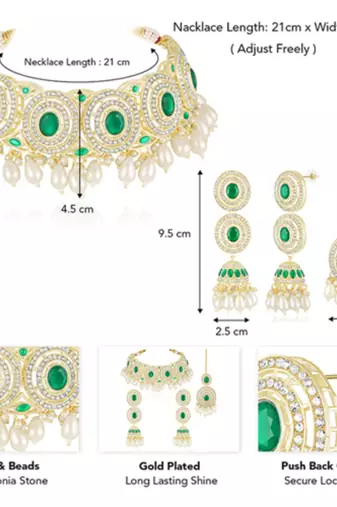 Faux emerald cz & beads studded necklace earrings & maangtikka set