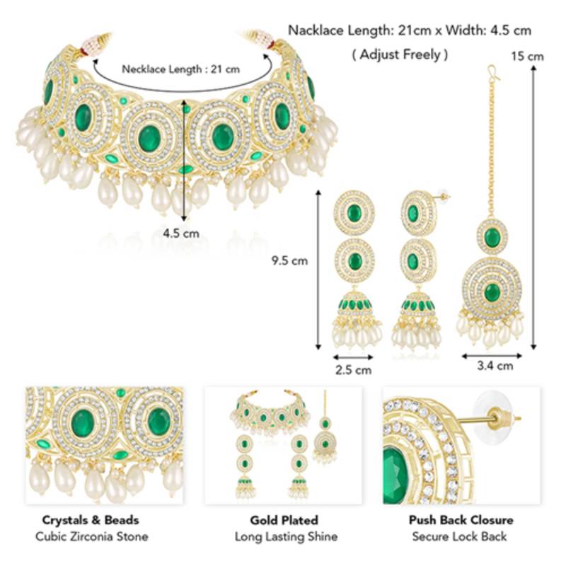 Faux emerald cz & beads studded necklace earrings & maangtikka set