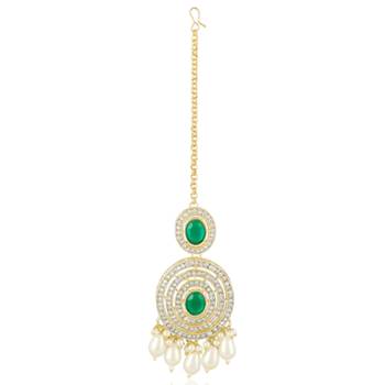 Faux emerald cz & beads studded necklace earrings & maangtikka set 5