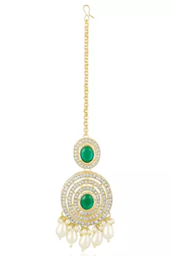 Faux emerald cz & beads studded necklace earrings & maangtikka set