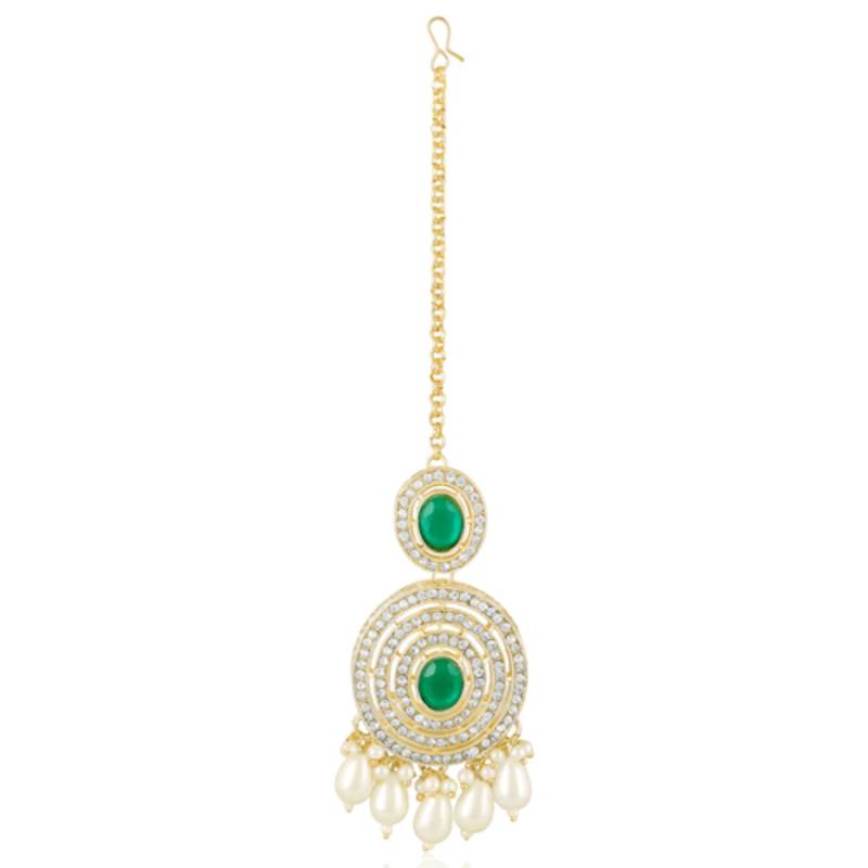 Faux emerald cz & beads studded necklace earrings & maangtikka set