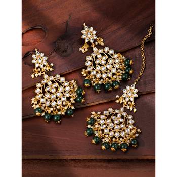 Faux kundan green pearl chandbali earrings with maang tikka jewelry 1