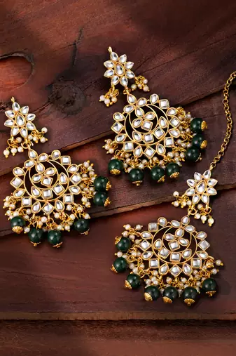 Faux kundan green pearl chandbali earrings with maang tikka jewelry