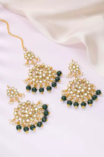 Faux kundan green pearl chandbali earrings with maang tikka jewelry