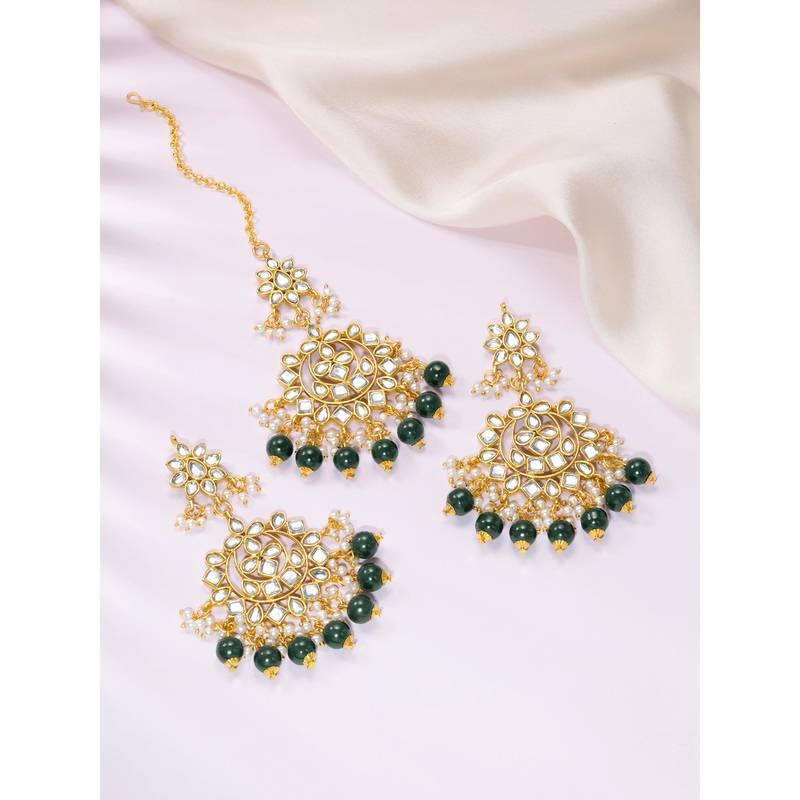 Faux kundan green pearl chandbali earrings with maang tikka jewelry