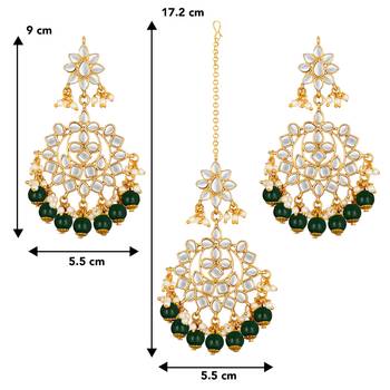 Faux kundan green pearl chandbali earrings with maang tikka jewelry 3