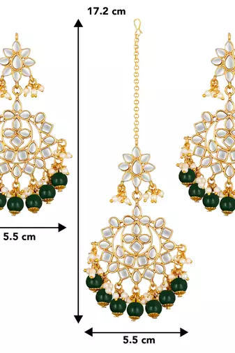 Faux kundan green pearl chandbali earrings with maang tikka jewelry