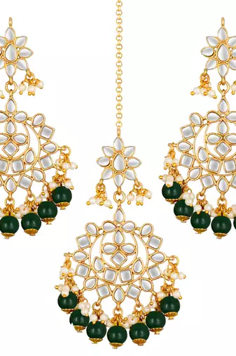 Faux kundan green pearl chandbali earrings with maang tikka jewelry