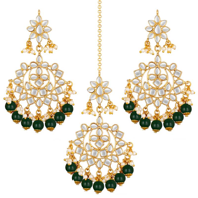 Faux kundan green pearl chandbali earrings with maang tikka jewelry