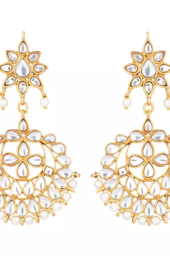 Women's kundan pearl white chandbali earrings with maang tikka jewelry set