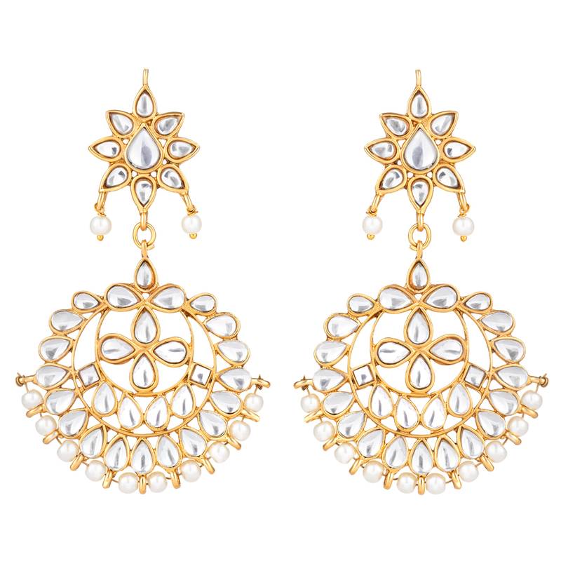 Women's kundan pearl white chandbali earrings with maang tikka jewelry set