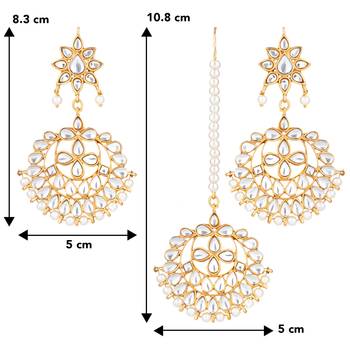 Women's kundan pearl white chandbali earrings with maang tikka jewelry set 4
