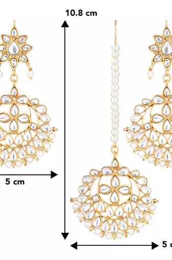 Women's kundan pearl white chandbali earrings with maang tikka jewelry set