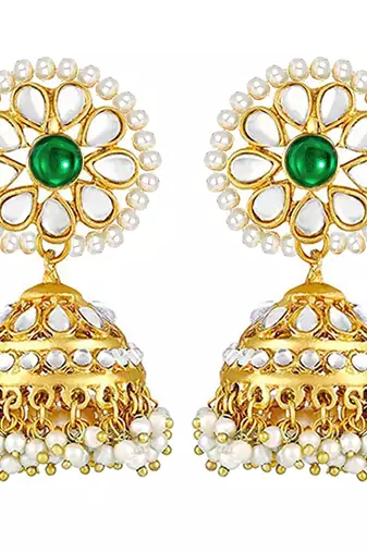 Women's kundan pearl jhumki earrings with maang tikka bollywood jewelry set