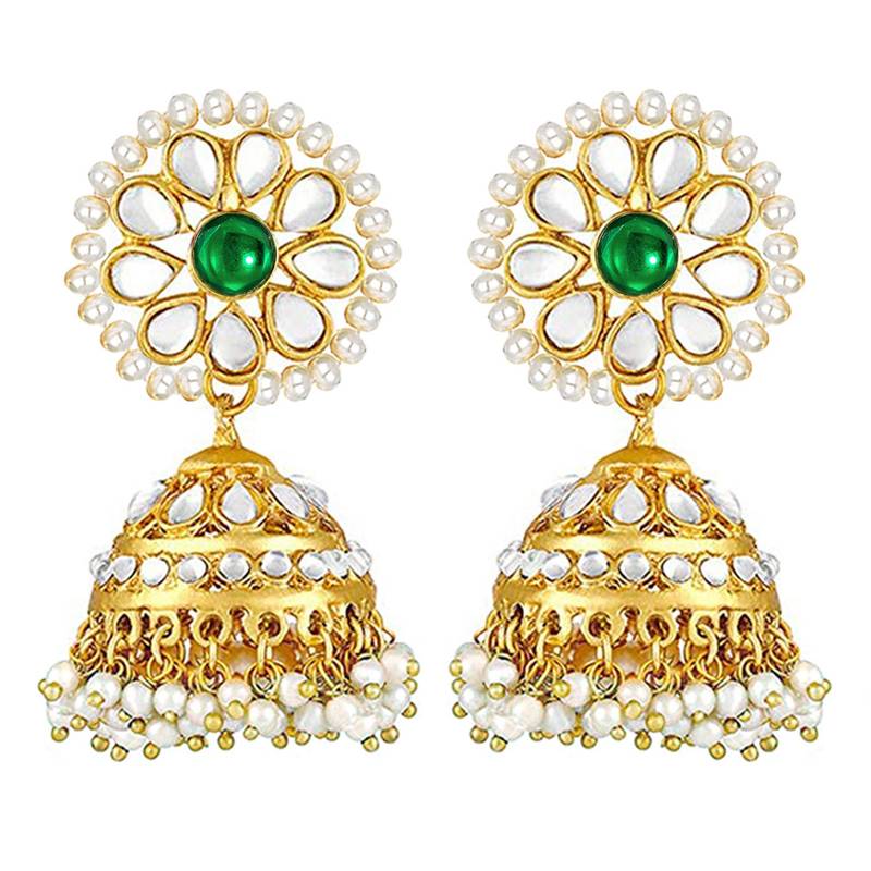 Women's kundan pearl jhumki earrings with maang tikka bollywood jewelry set