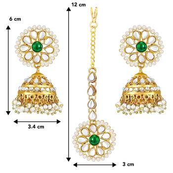 Women's kundan pearl jhumki earrings with maang tikka bollywood jewelry set 4