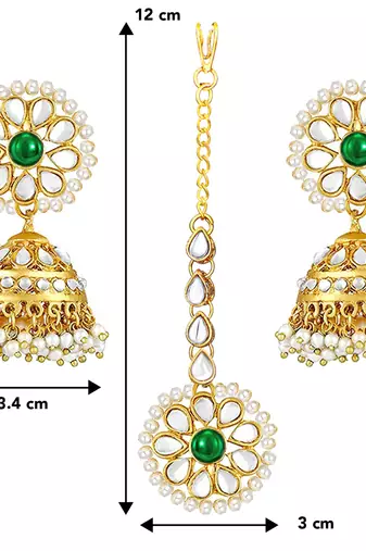 Women's kundan pearl jhumki earrings with maang tikka bollywood jewelry set