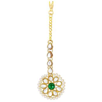 Women's kundan pearl jhumki earrings with maang tikka bollywood jewelry set 5