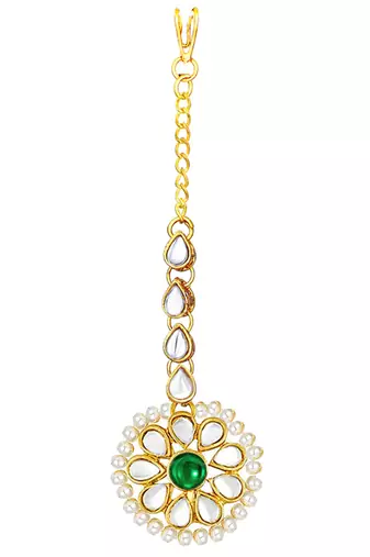 Women's kundan pearl jhumki earrings with maang tikka bollywood jewelry set