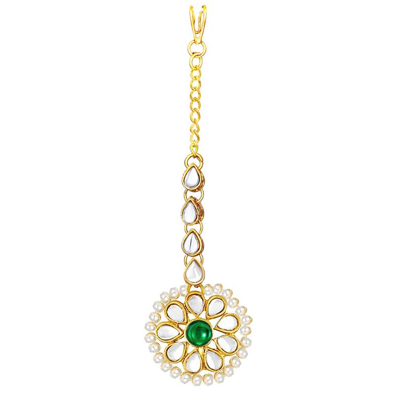 Women's kundan pearl jhumki earrings with maang tikka bollywood jewelry set