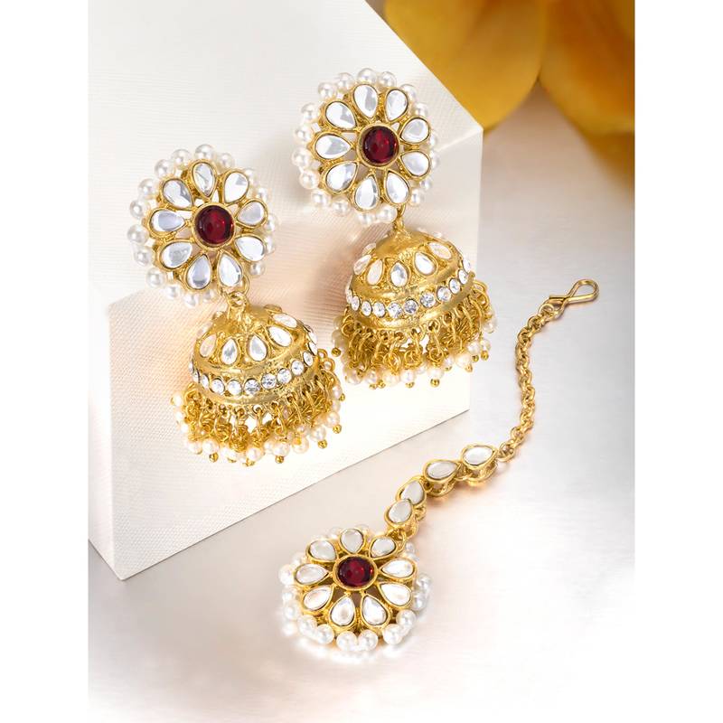 Women's kundan pearl jhumki earrings with maang tikka bollywood jewelry set