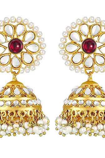 Women's kundan pearl jhumki earrings with maang tikka bollywood jewelry set