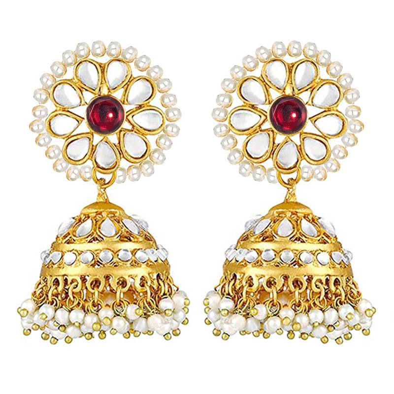 Women's kundan pearl jhumki earrings with maang tikka bollywood jewelry set