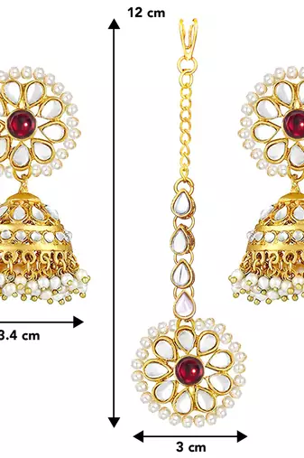 Women's kundan pearl jhumki earrings with maang tikka bollywood jewelry set