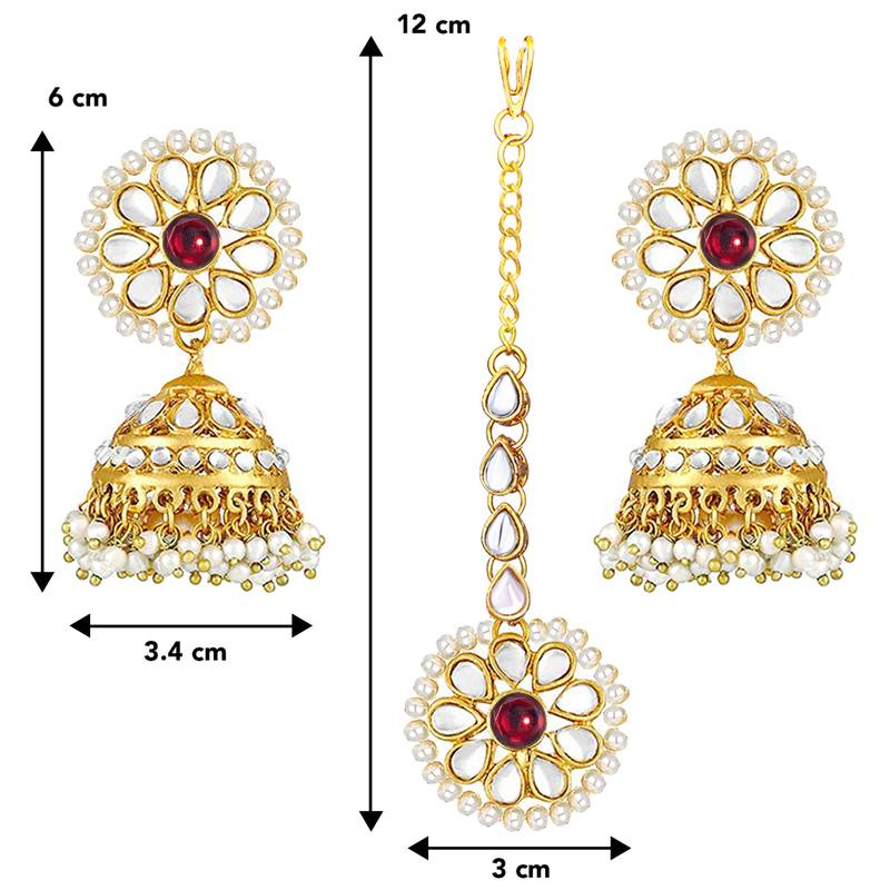 Women's kundan pearl jhumki earrings with maang tikka bollywood jewelry set