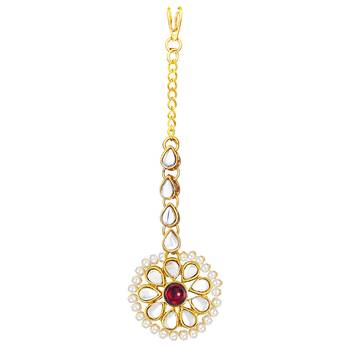 Women's kundan pearl jhumki earrings with maang tikka bollywood jewelry set 5