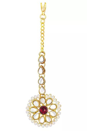 Women's kundan pearl jhumki earrings with maang tikka bollywood jewelry set