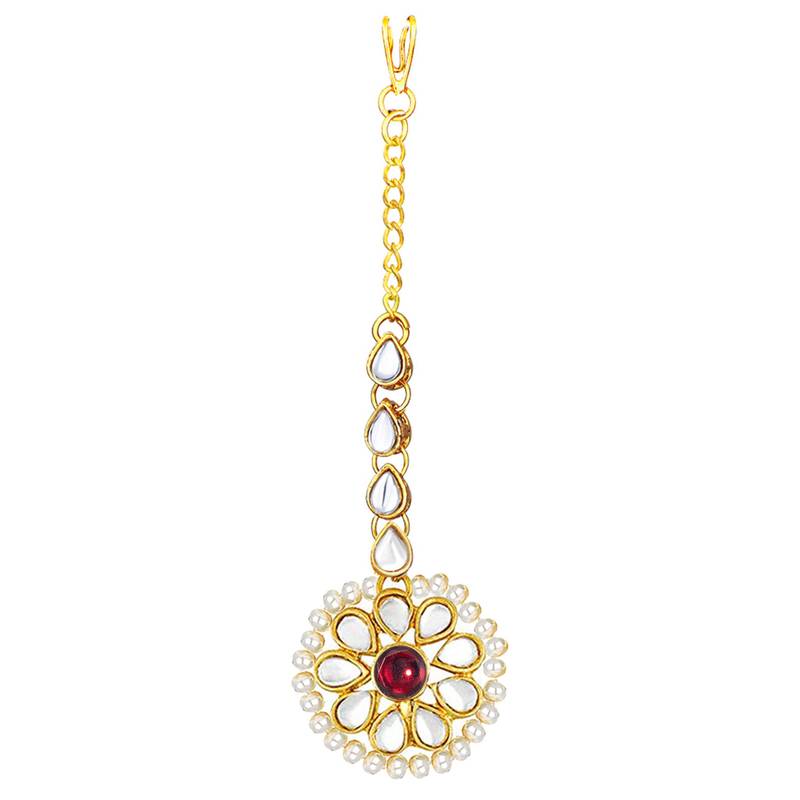 Women's kundan pearl jhumki earrings with maang tikka bollywood jewelry set